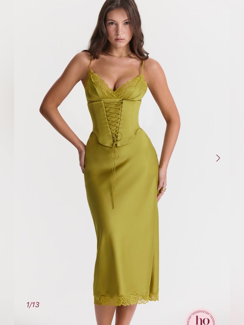 NEW House of CB Salma Olive Green Lace Trim Satin Corset Slip Dress, Medium